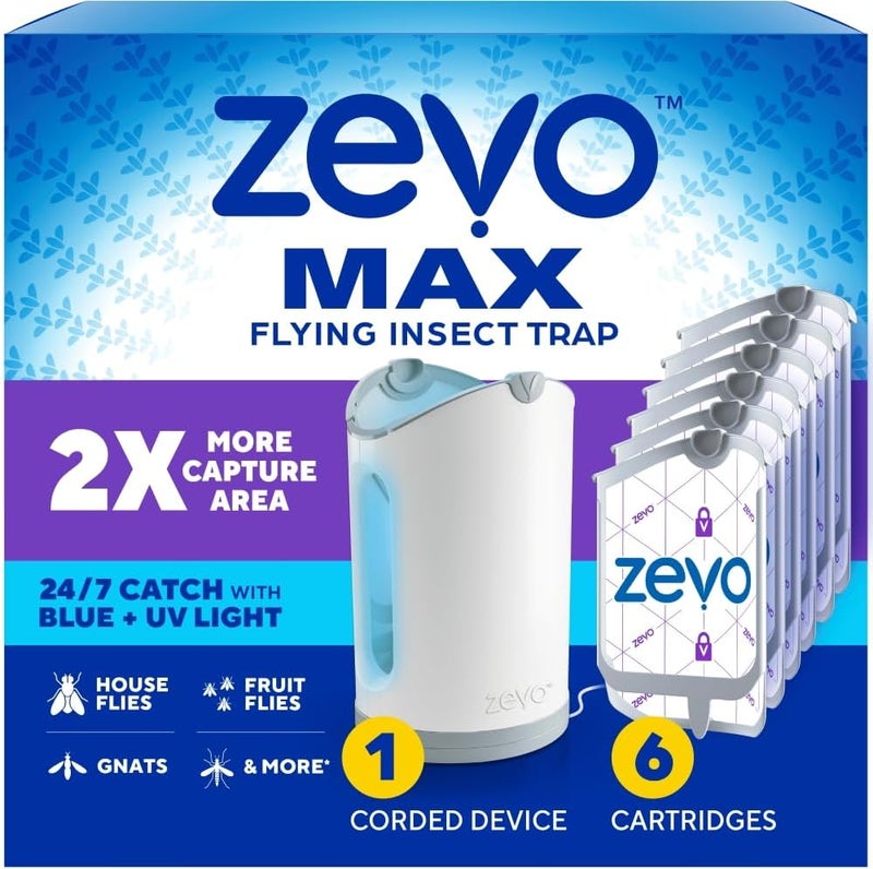 ZEVO MAX Flying Insect Trap, Fly Trap Captures Houseflies, Fruit Flies, and Gnats (1 Plug-in Base + 6 Cartridges) - Image 1
