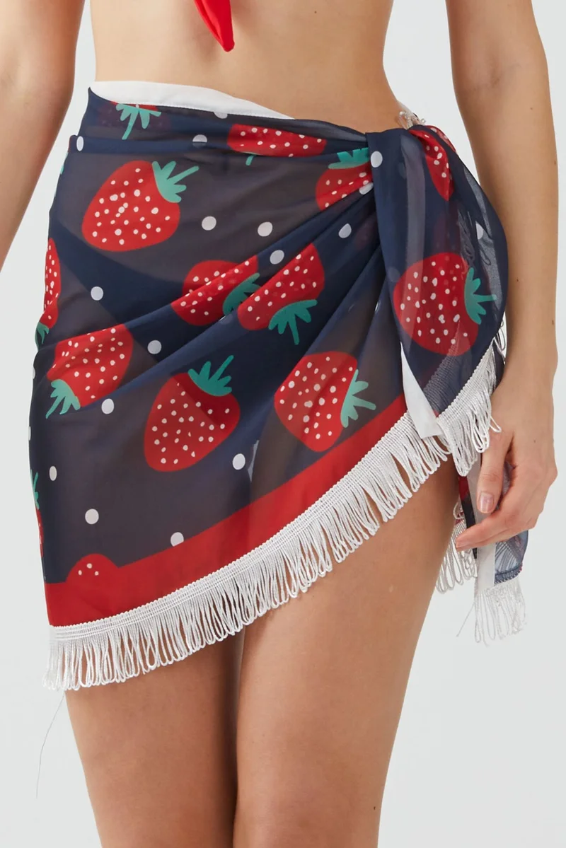 ايس هوم Fashion Strawberry Pattern Tasseled Pareo Beach Dress