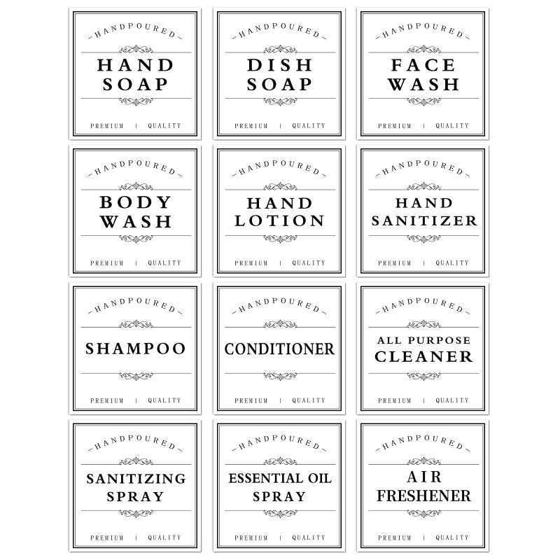 TESWEY White Waterproof Soap Labels for Plastic/Glass Bottles, Bathroom/Kitchen Hand Soap Dispenser Label Stickers, Removable Cleaning Bottle Labels for Soap, Lotion, Shampoo Conditioner, 12Pack (White) - Image 1