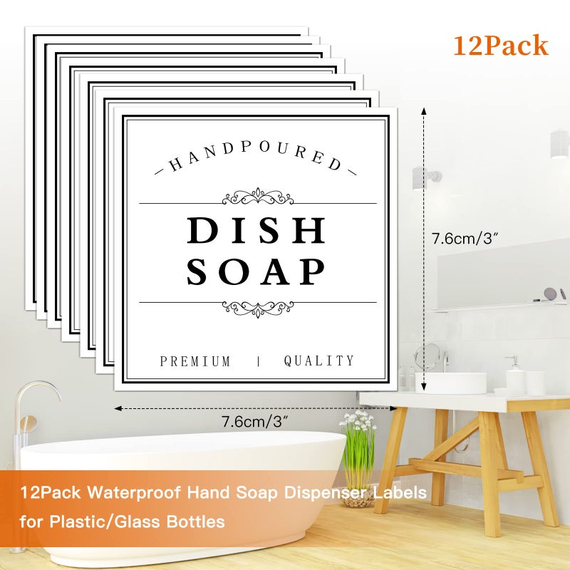 TESWEY White Waterproof Soap Labels for Plastic/Glass Bottles, Bathroom/Kitchen Hand Soap Dispenser Label Stickers, Removable Cleaning Bottle Labels for Soap, Lotion, Shampoo Conditioner, 12Pack (White) - Image 2