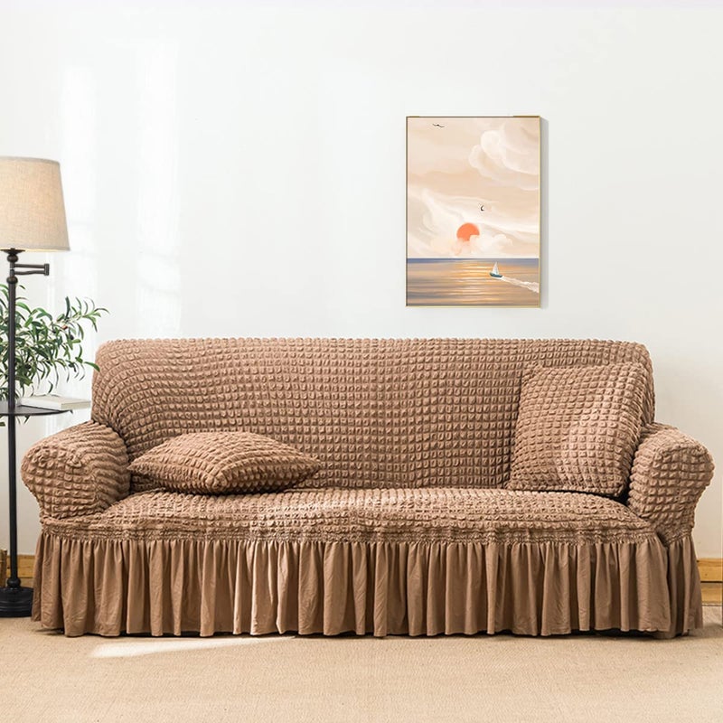 Qubjus Stretch Sofa Slipcover Sofa Covers Washable Couch Sofa Bed Cover Easy Fit Furniture Protector with Elastic Bottom and Skirt (Brown, Medium) - Image 5