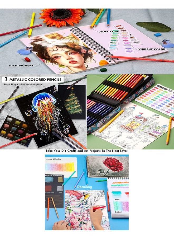 KALOUR - KALOUR Premium Colored Pencils for Adult Coloring Book,Set of 72 Colors,Zipper Pencil Slot Case,with Sharpener,Soft Core,7 Metallic Color,Ideal for Layering Blending,for Artists Beginners Kids(Blue) - Image 1