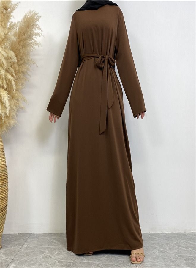 Loquat Lace-Up Pocket Muss Solid Color Dress Abaya Brown  - Image 1