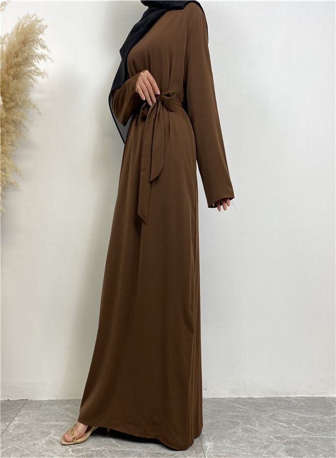 Loquat Lace-Up Pocket Muss Solid Color Dress Abaya Brown  - Image 2