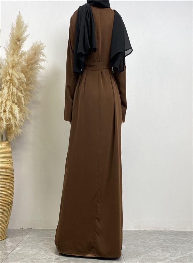 Loquat Lace-Up Pocket Muss Solid Color Dress Abaya Brown  - Image 3