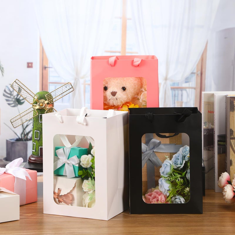 Seajan 30Pcs Valentines Day Kraft Paper Gift Bag with Transparent Window 9. 8 x 7. 1 x 5. 1 Inch Kraft Shopping Bag Bulk Flower Box with Handles for Gift Wrap Pouch for Bouquet Bridal Shopping Present - Image 4