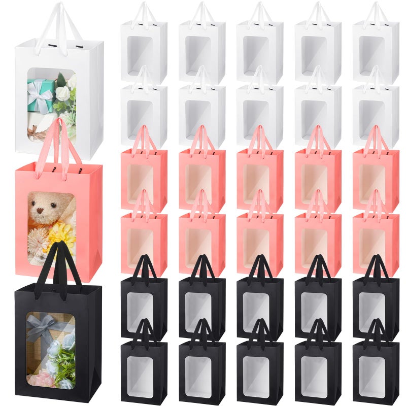 Seajan 30Pcs Valentines Day Kraft Paper Gift Bag with Transparent Window 9. 8 x 7. 1 x 5. 1 Inch Kraft Shopping Bag Bulk Flower Box with Handles for Gift Wrap Pouch for Bouquet Bridal Shopping Present - Image 1