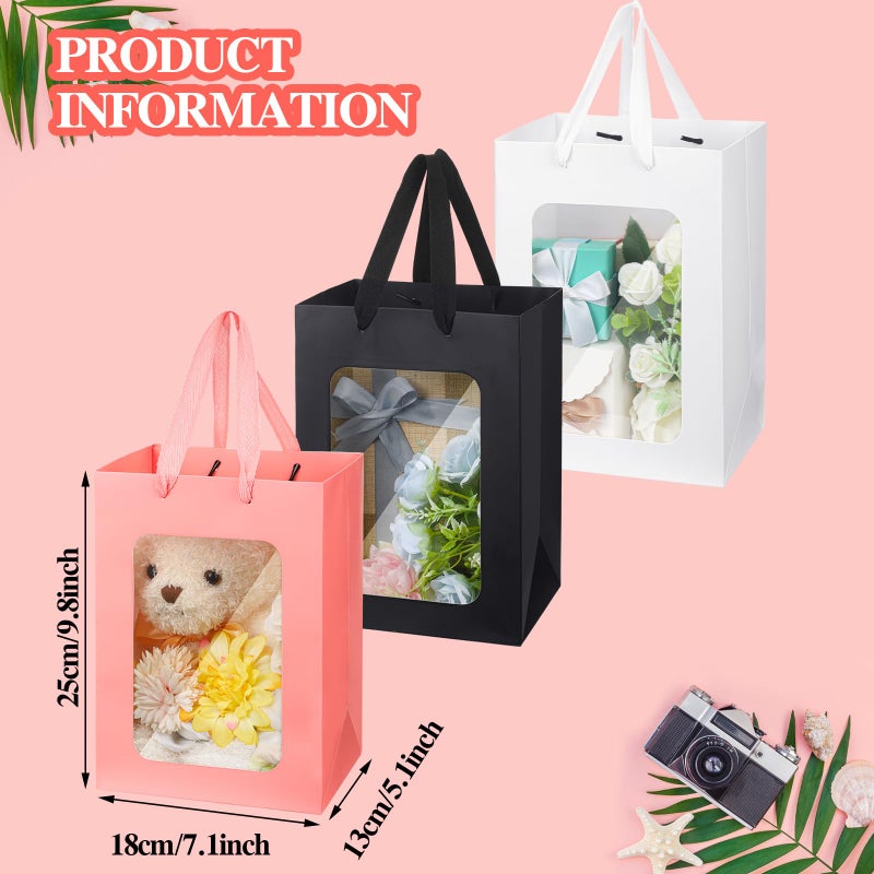 Seajan 30Pcs Valentines Day Kraft Paper Gift Bag with Transparent Window 9. 8 x 7. 1 x 5. 1 Inch Kraft Shopping Bag Bulk Flower Box with Handles for Gift Wrap Pouch for Bouquet Bridal Shopping Present - Image 2