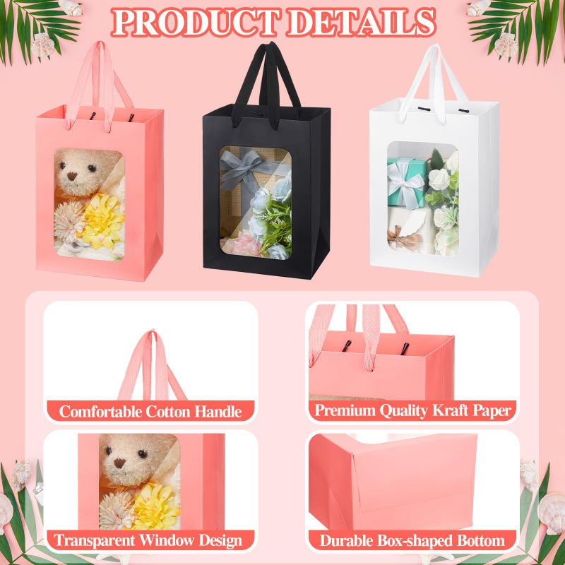 Seajan 30Pcs Valentines Day Kraft Paper Gift Bag with Transparent Window 9. 8 x 7. 1 x 5. 1 Inch Kraft Shopping Bag Bulk Flower Box with Handles for Gift Wrap Pouch for Bouquet Bridal Shopping Present - Image 3