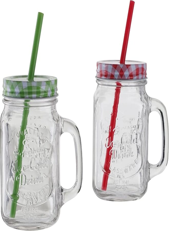 Greemotion 1 x Oramics drinking glass with lid and straw, vintage mason jar glass with lid and straw, 500 ml (colour green/red not freely selectable)