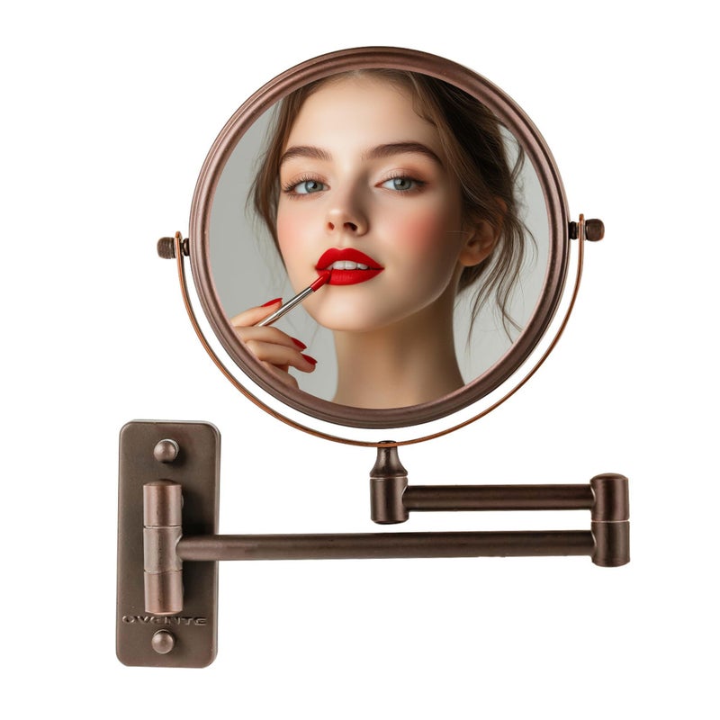OVENTE 7 Wall Mounted Makeup Mirror with 1X10X Magnification Double Sided Magnifying Round Bathroom Vanity Mirror 360 Swivel Design Extendable and Folding Arm Antique Bronze MNLFW70ABZ1X10X