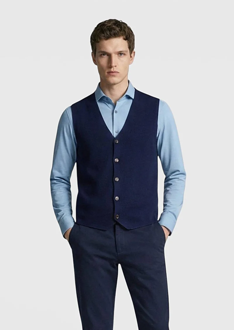 RAMSEY Navy Blue Regular Fit V-Neck Casual Knitting Knit Vest