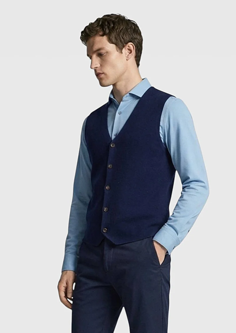 RAMSEY Navy Blue Regular Fit V-Neck Casual Knitting Knit Vest