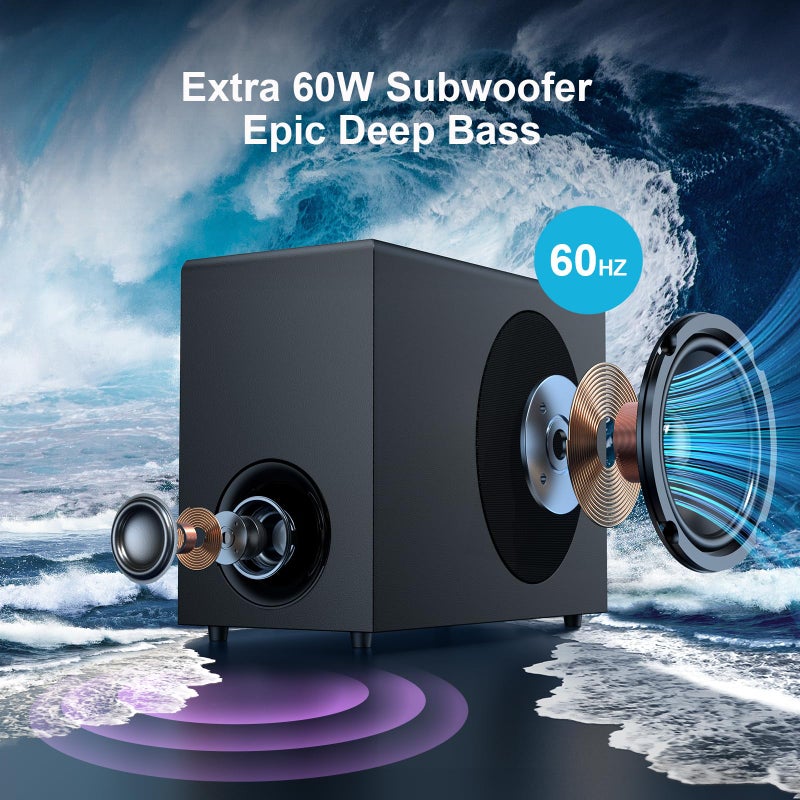 Assistrust Sound Bar with Subwoofer, 110W Sound Bar for Smart TV, with Deep Bass & Volume Boost & 3 Equalizer Modes, Bluetooth/ARC/Opt/AUX Connect, Detachable Soundbar for TV/PC/Gaming/Projectors - Image 5