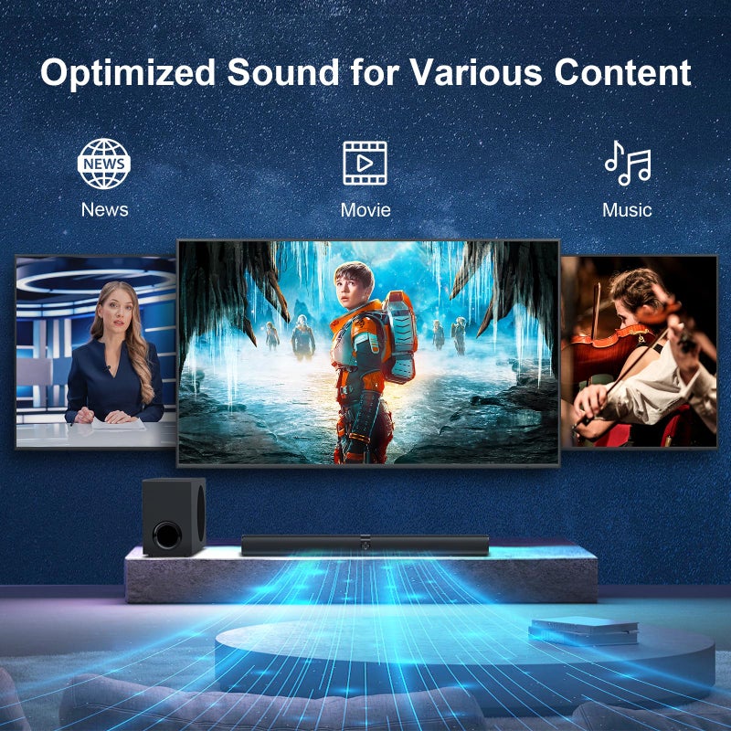 Assistrust Sound Bar with Subwoofer, 110W Sound Bar for Smart TV, with Deep Bass & Volume Boost & 3 Equalizer Modes, Bluetooth/ARC/Opt/AUX Connect, Detachable Soundbar for TV/PC/Gaming/Projectors - Image 3