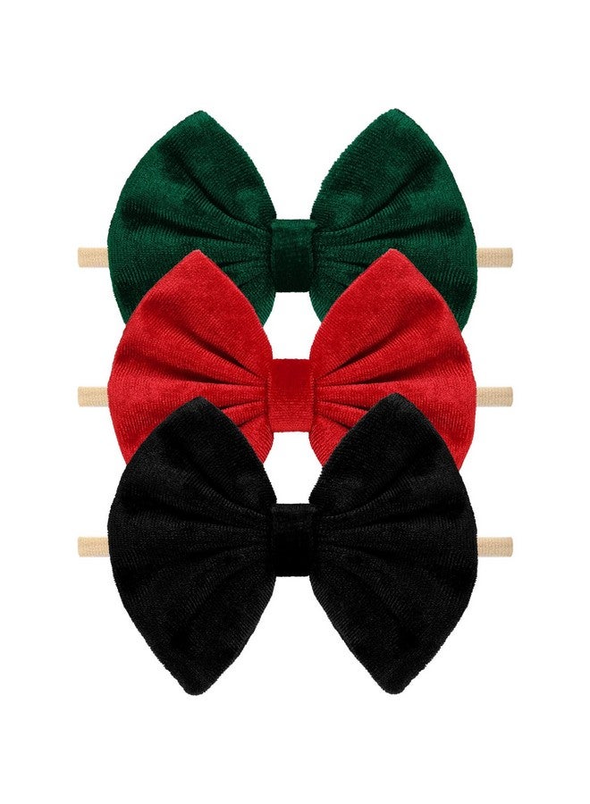 NCMAMA Velvet Baby Girls Headbands, Black Newborns Bows Elastic Nylon Hairbands For Infants Toddlers Hair Accessories,Pack Of 3 (Black+Red+Green) - Image 1