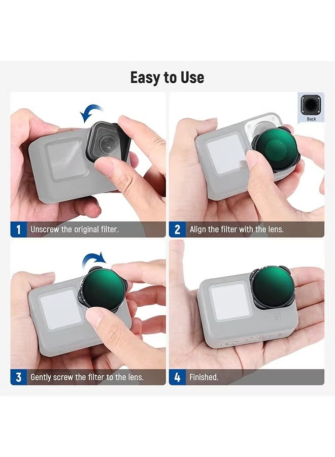 نيوير فلتر NEEWER المتغير ND4-ND32 متوافق مع GoPro 9 10 11 12 13، فلتر ND متغير 2-5 توقفات مع زجاج بصري عالي الدقة متعدد الطبقات وإطار نحيف، بدون نمط X - Image 3