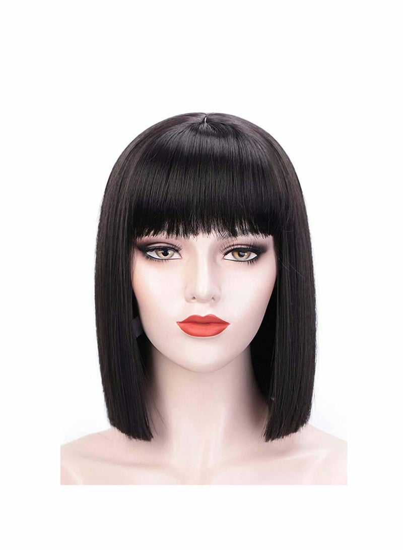 Excefore Short Bob Hair Wigs,Black Wigs with Bangs 12" Straight with Flat Bangs Synthetic Colorful Cosplay Daily Party Wig for Women Natural As Real Hair (Black) - Image 1