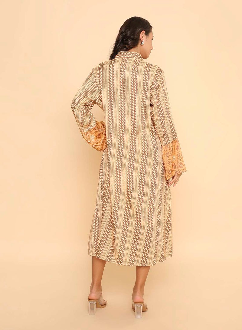 HANA & SARA Women's Ochre Yellow Geometric & Floral Print Jalabiya Dress - Image 2