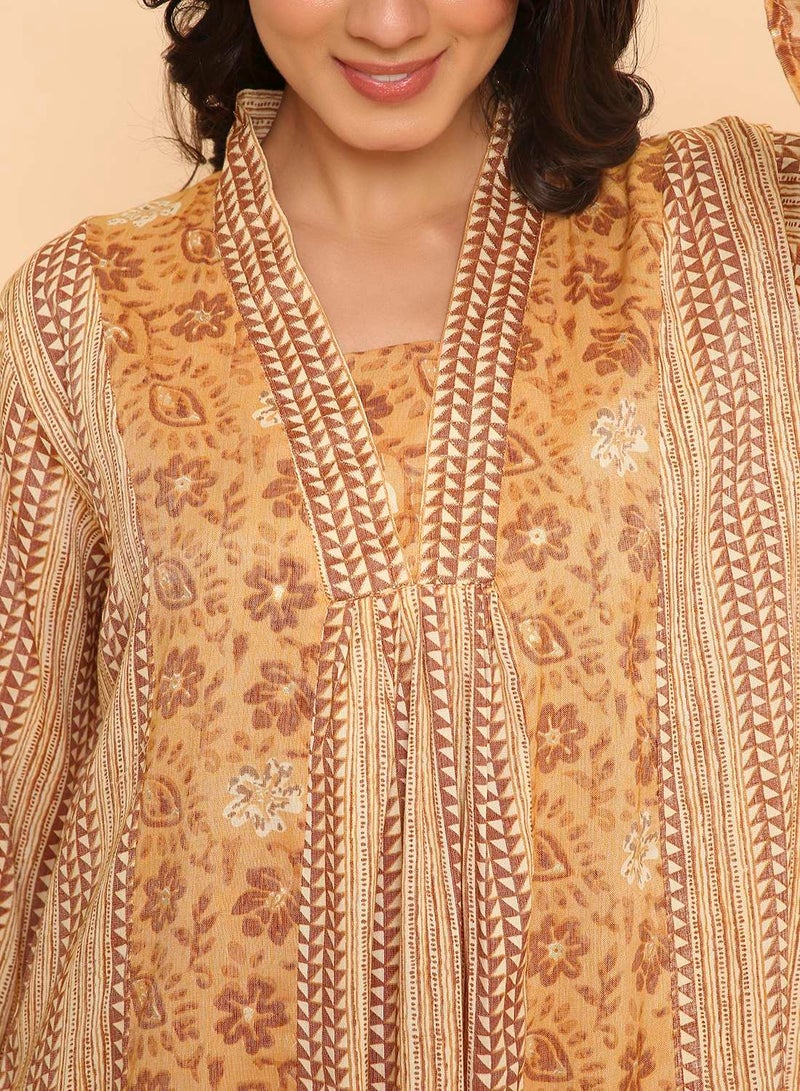 HANA & SARA Women's Ochre Yellow Geometric & Floral Print Jalabiya Dress - Image 3