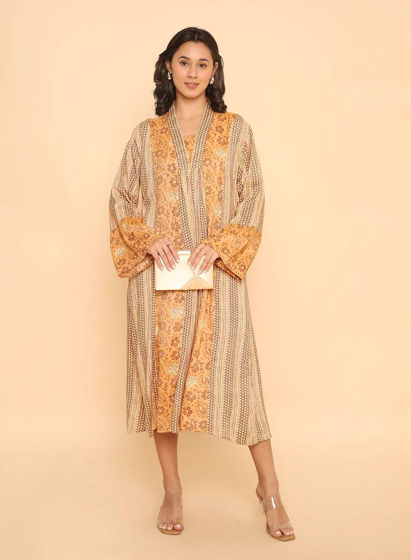 HANA & SARA Women's Ochre Yellow Geometric & Floral Print Jalabiya Dress - Image 1