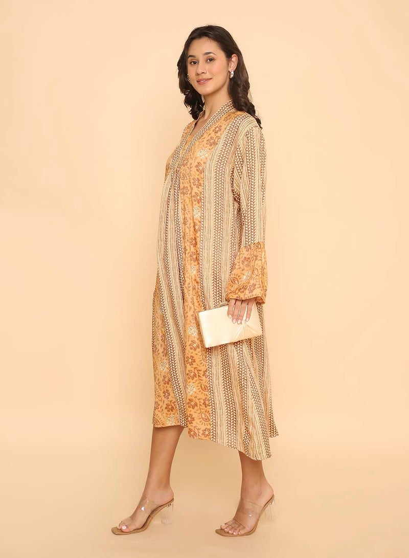 HANA & SARA Women's Ochre Yellow Geometric & Floral Print Jalabiya Dress - Image 5