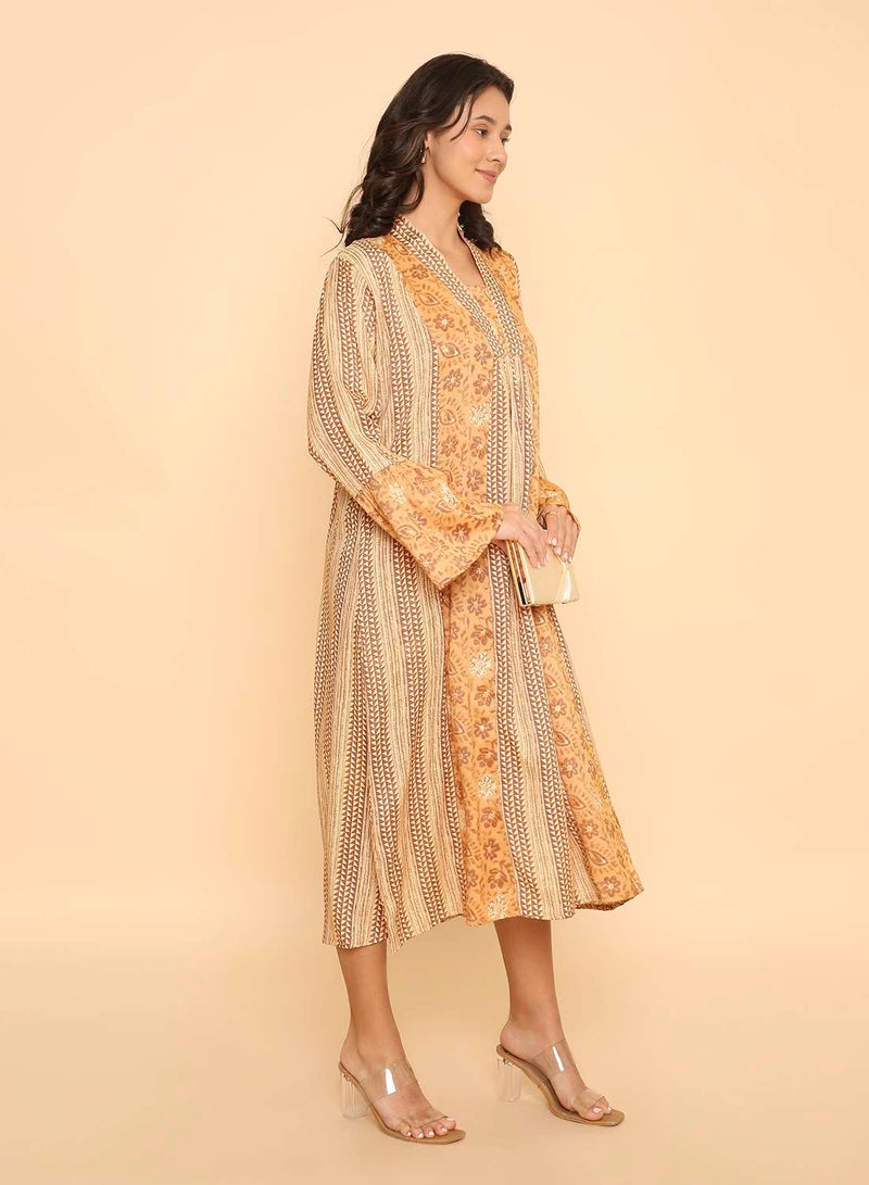 HANA & SARA Women's Ochre Yellow Geometric & Floral Print Jalabiya Dress - Image 4
