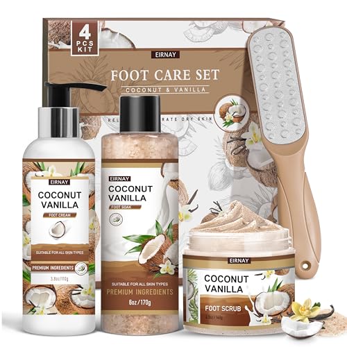 EIRNAY Coconut & Vanilla Foot Soak Set - Salts, Foot File, Scrub & Urea Cream Pedicure Supplies for Dry, Cracked Feet - Foot Spa Pedicure Kit for Women Men - Image 1
