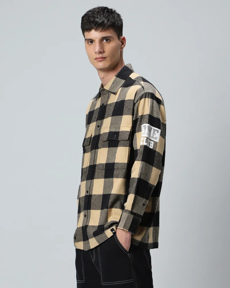 bewakoof Men's Brown & Black Run Checked Oversized Shirt