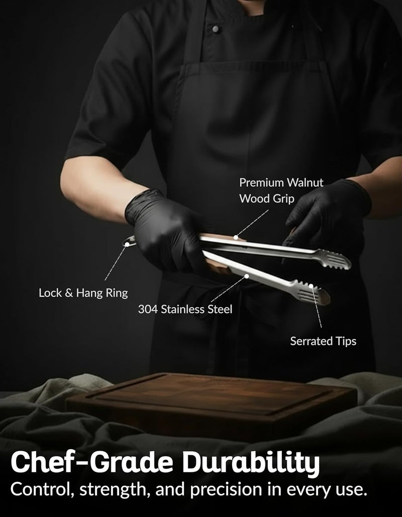 Boxiki Kitchen 17-Inch Grill Tongs for Outdoor Grilling - Heavy Duty Stainless Steel Tongs with Luxurious Walnut Grip & Premium Gift Pouch - Extra Long BBQ Tongs for Grilling, Smoker & Outdoor Cooking - Image 3