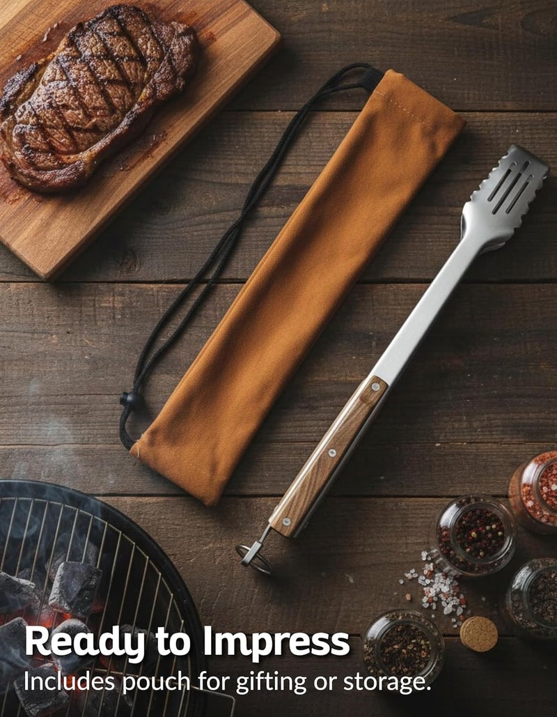Boxiki Kitchen 17-Inch Grill Tongs for Outdoor Grilling - Heavy Duty Stainless Steel Tongs with Luxurious Walnut Grip & Premium Gift Pouch - Extra Long BBQ Tongs for Grilling, Smoker & Outdoor Cooking - Image 4