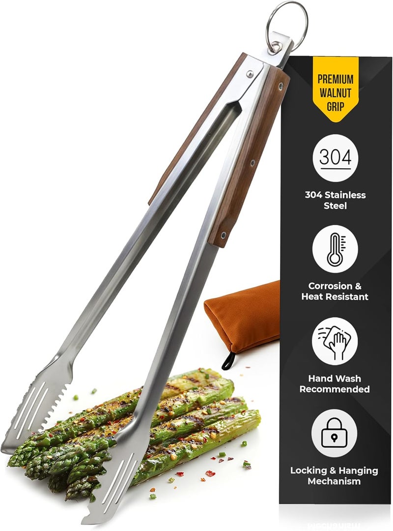Boxiki Kitchen 17-Inch Grill Tongs for Outdoor Grilling - Heavy Duty Stainless Steel Tongs with Luxurious Walnut Grip & Premium Gift Pouch - Extra Long BBQ Tongs for Grilling, Smoker & Outdoor Cooking - Image 1