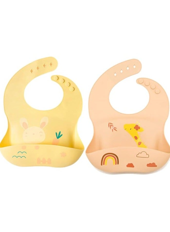 Pixie Baby Silicone Bibs Easily Clean Pack of 2, Soft Adjustable Waterproof Toddler Silicone Bibs for Babies Girl and Boy Bunny, Giraffe, Multi Color - Image 1