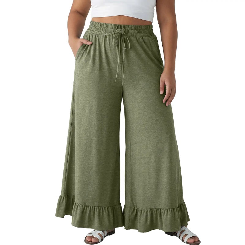 Eytino Women's Plus Size Wide Leg Pants Casual Elastic High Waist Drawstring Ruffle Hem Palazzo Pants with Pockets (1X-5X)