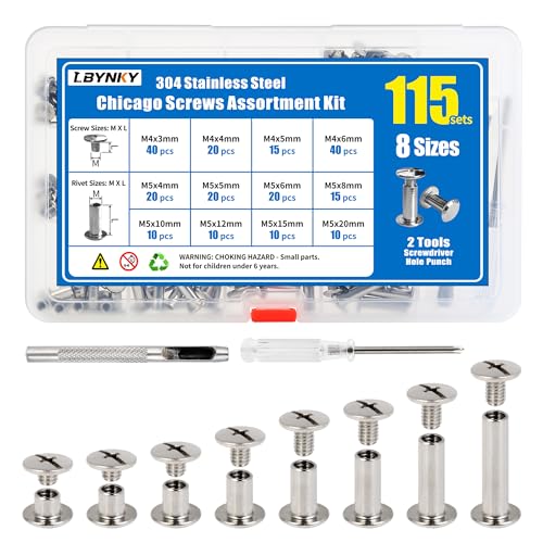 LBYNKY 115 Sets Chicago Screws Kit for Leather Crafts, 304 Stainless Steel Binding Screws Rivet, 8 Sizes (M5x4/5/6/8/10/12/15/20mm) Binding Post with Tools for DIY Projects, Belts, Books & Repairs - Image 1
