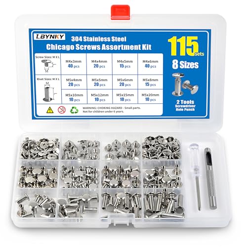 LBYNKY 115 Sets Chicago Screws Kit for Leather Crafts, 304 Stainless Steel Binding Screws Rivet, 8 Sizes (M5x4/5/6/8/10/12/15/20mm) Binding Post with Tools for DIY Projects, Belts, Books & Repairs - Image 3
