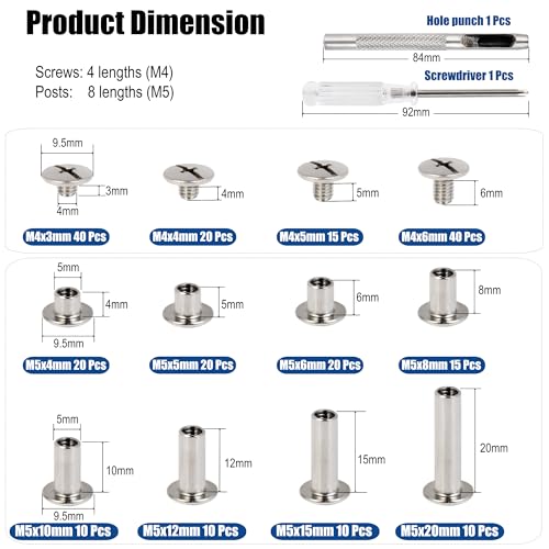 LBYNKY 115 Sets Chicago Screws Kit for Leather Crafts, 304 Stainless Steel Binding Screws Rivet, 8 Sizes (M5x4/5/6/8/10/12/15/20mm) Binding Post with Tools for DIY Projects, Belts, Books & Repairs - Image 2