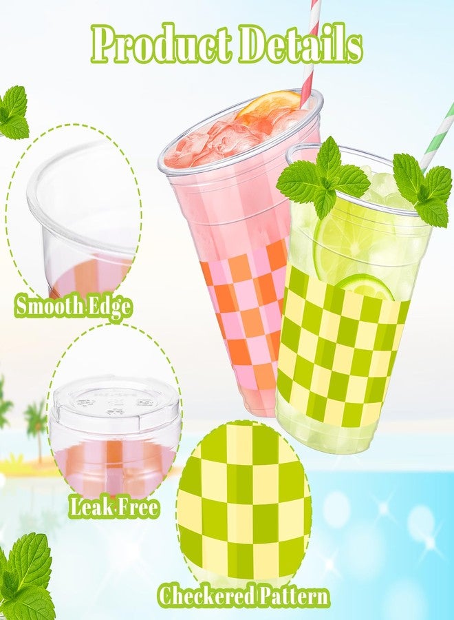 Vesici 100 Pack Pink Green Checkered Plastic Cups with Straws 12oz Disposable Checkered Clear Cups Retro Party Supplies for Baby Shower Birthday Wedding - Image 3