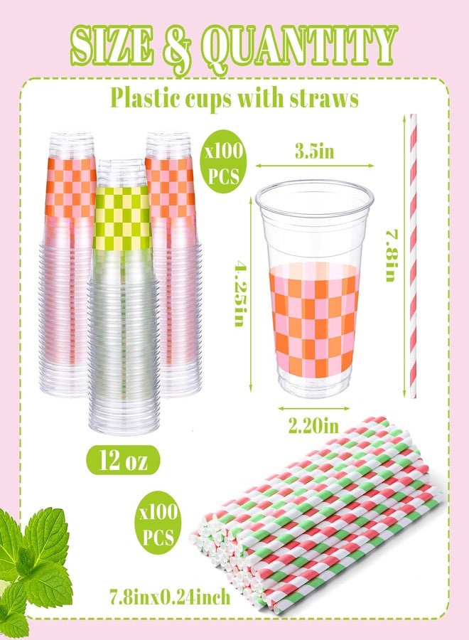 Vesici 100 Pack Pink Green Checkered Plastic Cups with Straws 12oz Disposable Checkered Clear Cups Retro Party Supplies for Baby Shower Birthday Wedding - Image 2