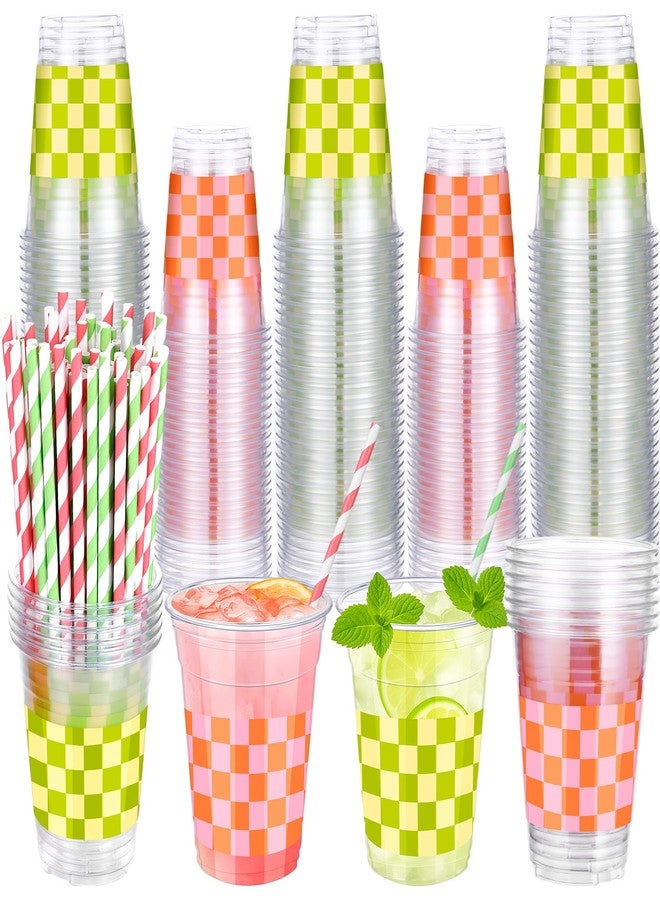 Vesici 100 Pack Pink Green Checkered Plastic Cups with Straws 12oz Disposable Checkered Clear Cups Retro Party Supplies for Baby Shower Birthday Wedding - Image 1