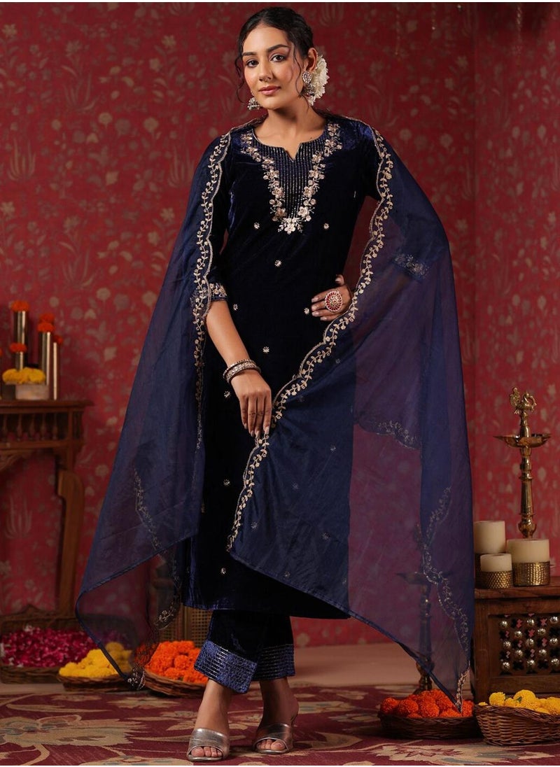 ISHIN Women's Navy Velvet Self Design Full Length Palazzo Kurta Set  - Image 1