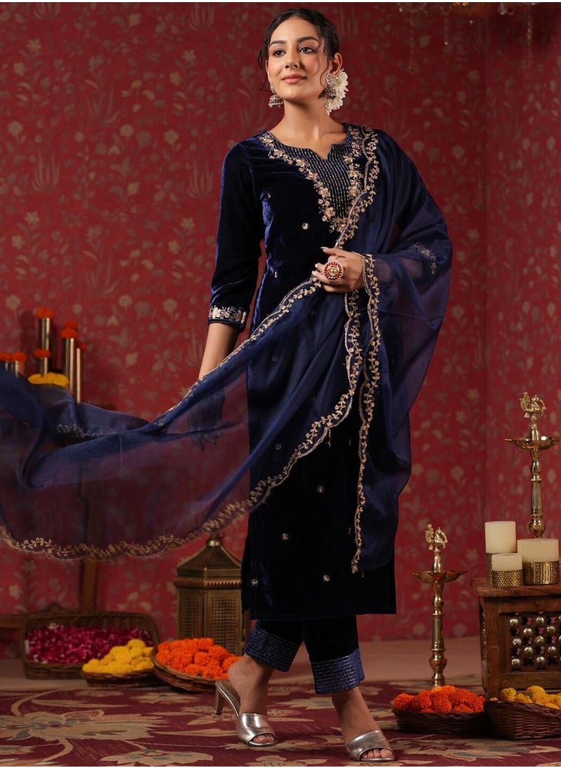 ISHIN Women's Navy Velvet Self Design Full Length Palazzo Kurta Set  - Image 3