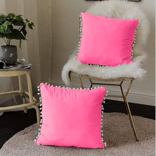 CottonFry Set of 2 Cushion Covers/Throw Pillow Covers Size 12"X12" Inches with Pom Poms, Soft Square Velvet Pillowcases Home Decor (Radiant Pink, Pack of 2) - Image 1