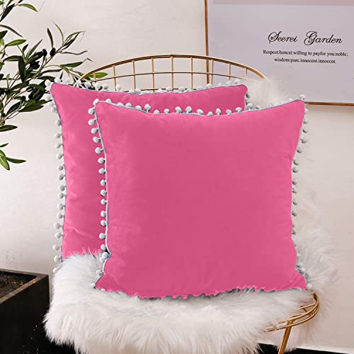 CottonFry Set of 2 Cushion Covers/Throw Pillow Covers Size 12"X12" Inches with Pom Poms, Soft Square Velvet Pillowcases Home Decor (Radiant Pink, Pack of 2) - Image 3