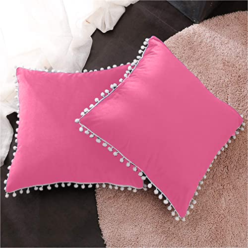 CottonFry Set of 2 Cushion Covers/Throw Pillow Covers Size 12"X12" Inches with Pom Poms, Soft Square Velvet Pillowcases Home Decor (Radiant Pink, Pack of 2) - Image 2