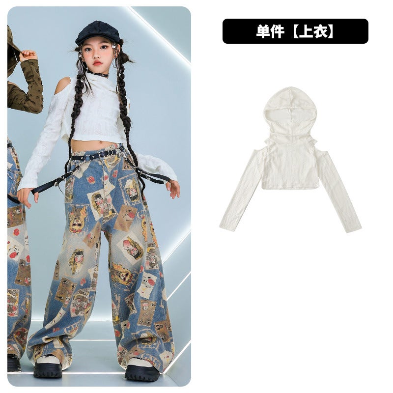 Jazz Dance Girls Clothing, Navel-Baring Mesh Fake Two-Piece Jeans Suit, Fashionable Street Catwalk, Hip-Hop Trendy Clothing for Women White off-shoulder long sleeves
