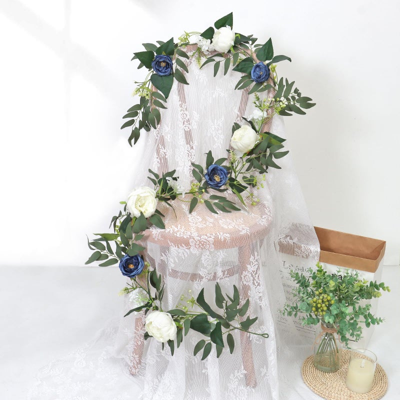 SOMYTING Flower Garland Artificial Rose Vine Flowers with Green Leaves 2PCS 6.56 FT Hanging Fake Roses Vine Floral Garlands for Wedding Party Centerpiece Table Backdrop Wall Decor (Blue&White, 2PCS) - Image 3