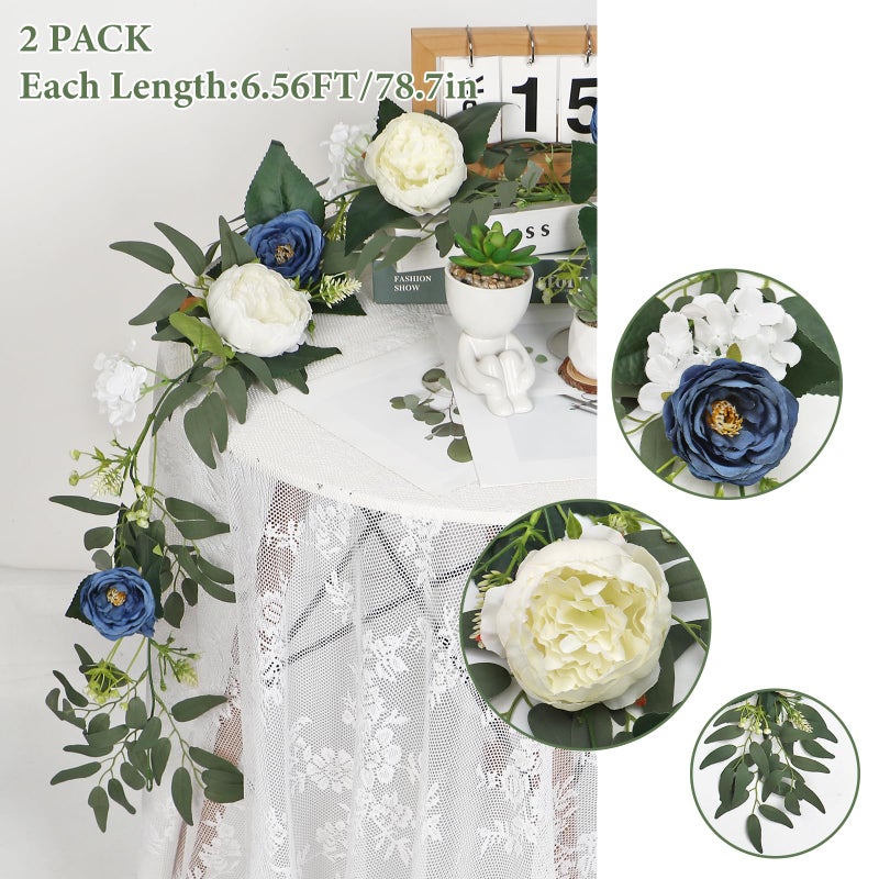 SOMYTING Flower Garland Artificial Rose Vine Flowers with Green Leaves 2PCS 6.56 FT Hanging Fake Roses Vine Floral Garlands for Wedding Party Centerpiece Table Backdrop Wall Decor (Blue&White, 2PCS) - Image 2