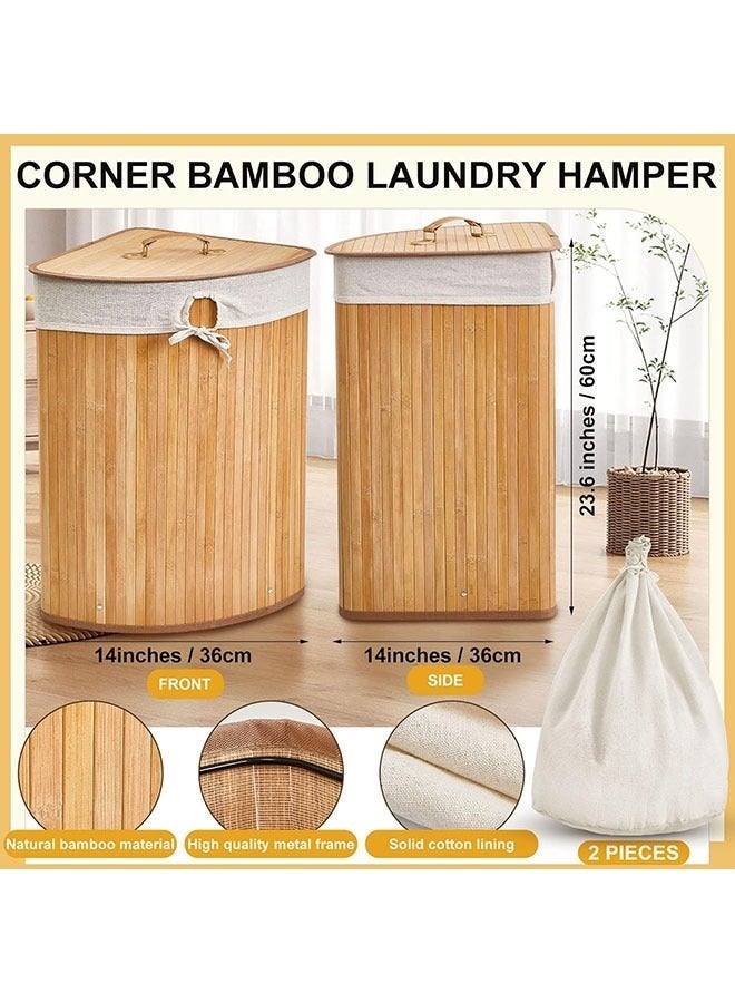 Arabest سلة غسيل من الخيزران مع غطاء، سلة غسيل زاوية مع 2 بطانة قابلة للإزالة ومقبض، سلة تخزين الملابس لغرفة الغسيل، غرفة النوم، الحمام (36 سم × 60 سم) - Image 2