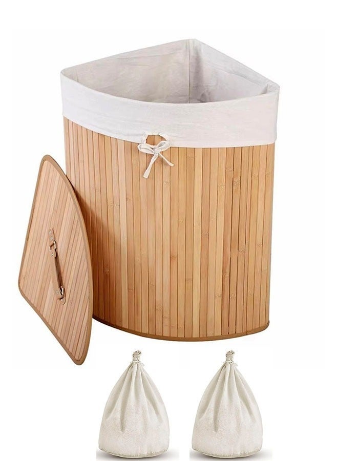 Arabest سلة غسيل من الخيزران مع غطاء، سلة غسيل زاوية مع 2 بطانة قابلة للإزالة ومقبض، سلة تخزين الملابس لغرفة الغسيل، غرفة النوم، الحمام (36 سم × 60 سم) - Image 1